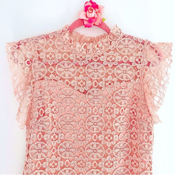 💕Beautiful Blush Pink Lace Midi Dress SZ M (8) - Picture 3 of 13